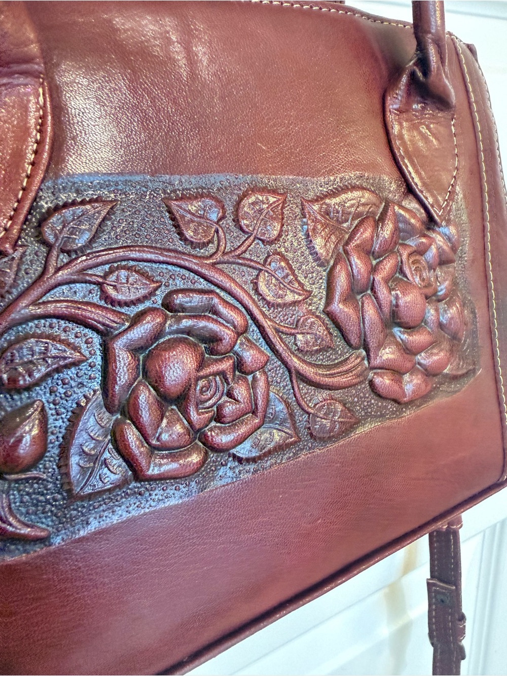 Women's Embossed Floral Leather Satchel - Burgundy - Picture 2 of 3